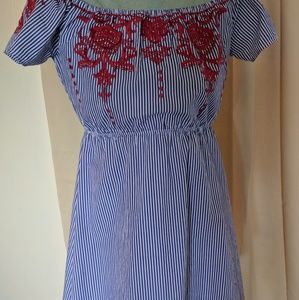 Blue and white striped off-the-shoulder dress